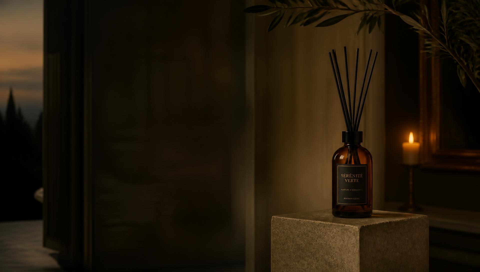 A reed diffuser glowing softly on a stone plinth in a candlelit interior at dusk.