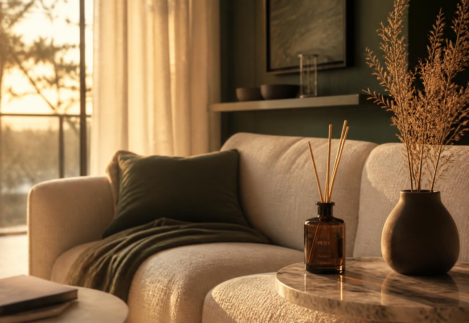 A warm living room at golden hour styled with a reed diffuser on a marble side table.