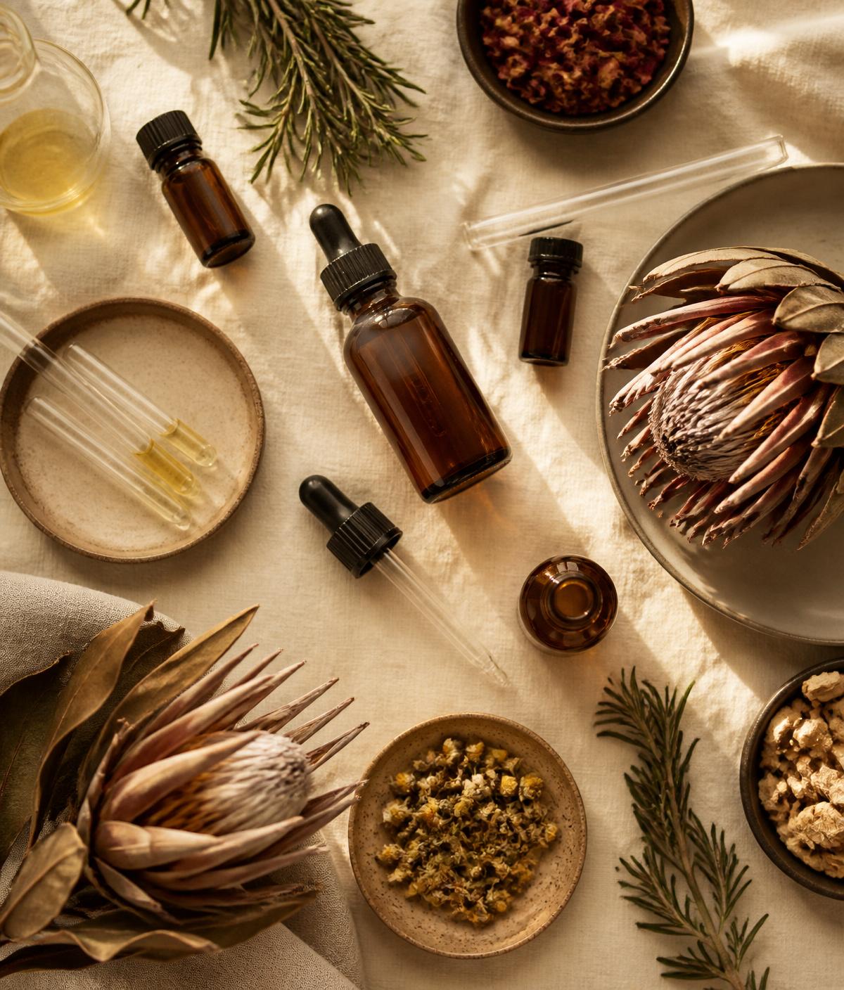 Overhead of amber apothecary bottles, droppers and dried botanicals on linen.